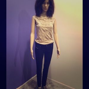 Cream work blows ruffle tie back flutter sleeve